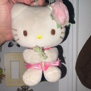 Hello Kitty Plush Bag Charm with Pink Ribbon and Rose